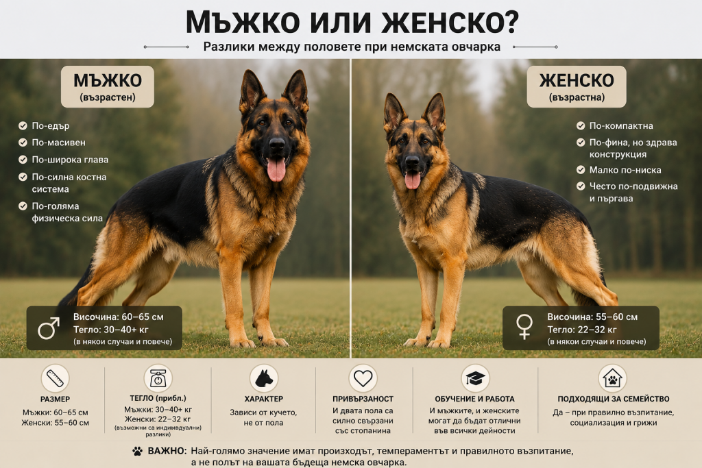 Мъжка и женска немска овчарка – сравнение на ръст, тегло и телосложение